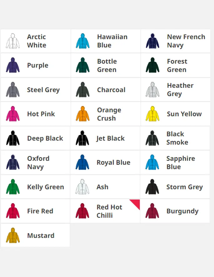 Colour chart for zipped hoodie