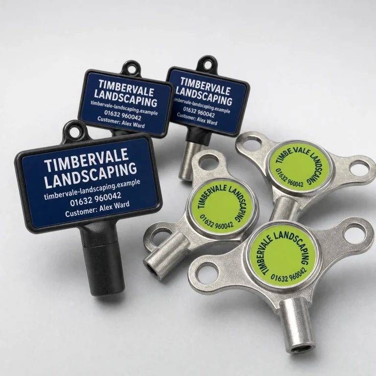100x Keys Bundle with Timbervale Landscaping example branding and custom contact details.