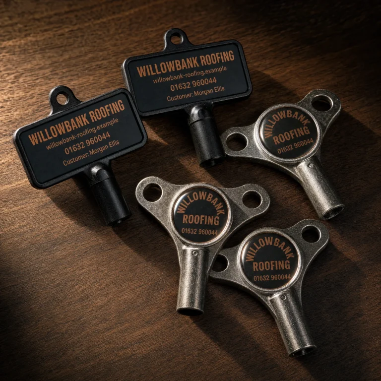 100x Keys Bundle with Willowbank Roofing example branding and custom contact details.