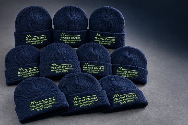 10x Beanie Bundle with Moorvale Electrical example branding and custom contact details.
