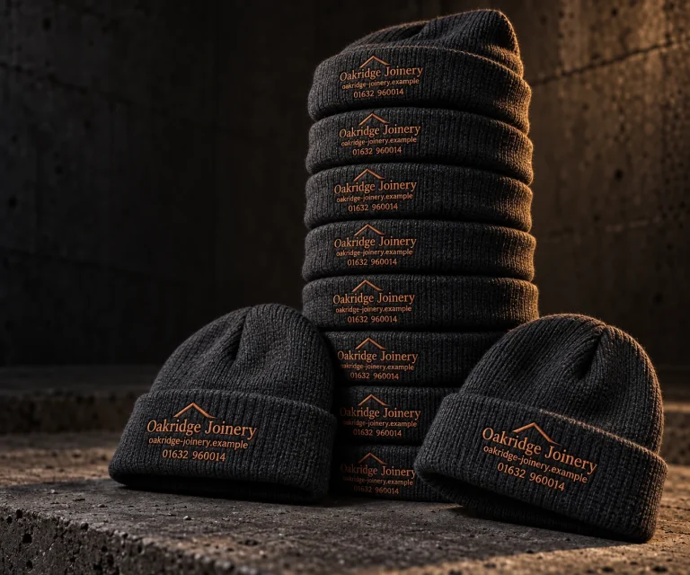 10x Beanie Bundle with Oakridge Joinery example branding and custom contact details.