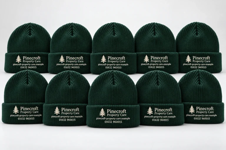 Ten single-colour bottle green knitted beanies with Pinecroft Property Care embroidered logo and business contact details.