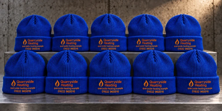 Ten single-colour bright royal blue knitted beanies with Quarryside Heating embroidered logo and business contact details.