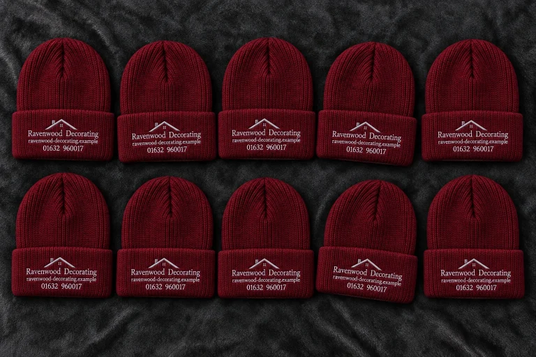 Ten single-colour burgundy knitted beanies with Ravenwood Decorating embroidered logo and business contact details.