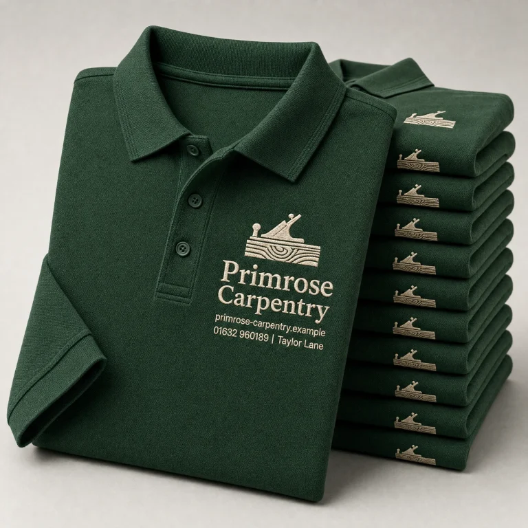 10x Custom Polo Shirts Bundle with Primrose Carpentry example branding and custom contact details.