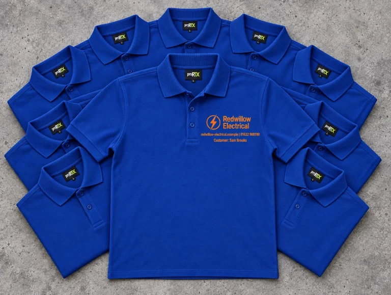 10x Custom Polo Shirts Bundle with Redwillow Electrical example branding and custom contact details.