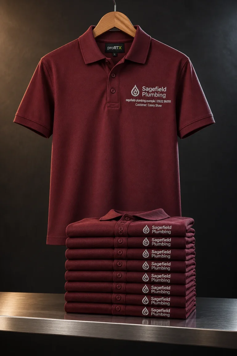 10x Custom Polo Shirts Bundle with Sagefield Plumbing example branding and custom contact details.