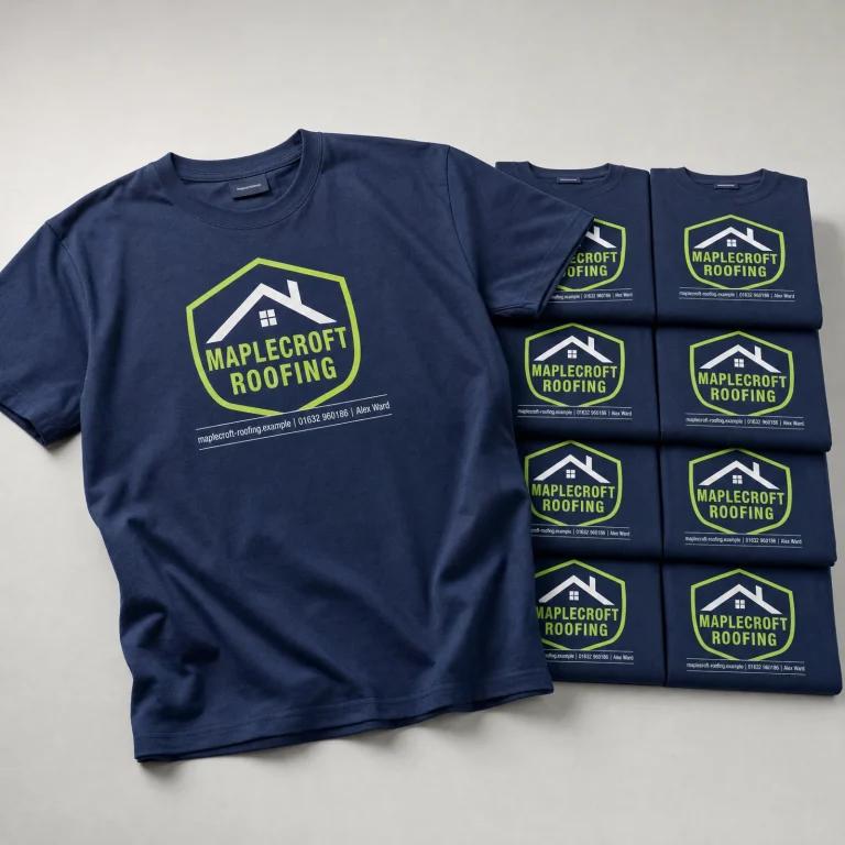 10x Custom T-Shirts Bundle with Maplecroft Roofing example branding and custom contact details.