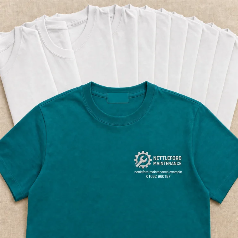 10x Custom T-Shirts Bundle with Nettleford Maintenance example branding and custom contact details.