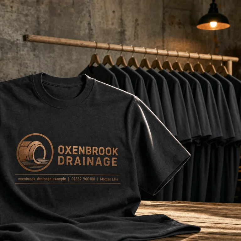 10x Custom T-Shirts Bundle with Oxenbrook Drainage example branding and custom contact details.
