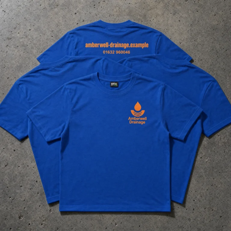 5x Printed T-Shirts with Amberwell Drainage example branding and custom contact details.