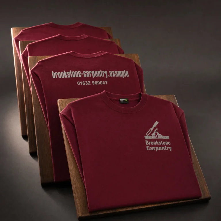 5x Printed T-Shirts with Brookstone Carpentry example branding and custom contact details.