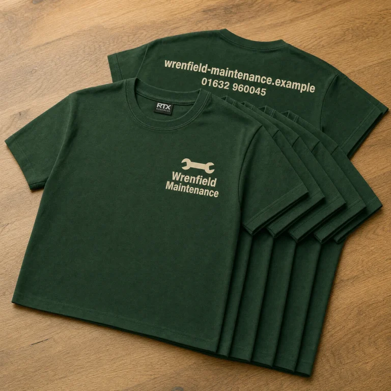 5x Printed T-Shirts with Wrenfield Maintenance example branding and custom contact details.