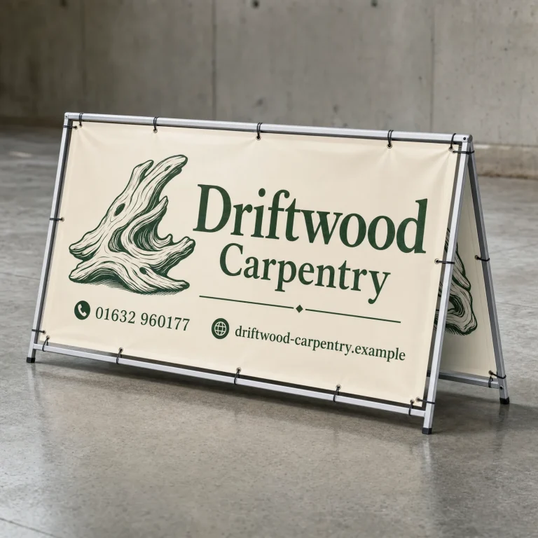 A Frame Banners with Driftwood Carpentry example branding and custom contact details.