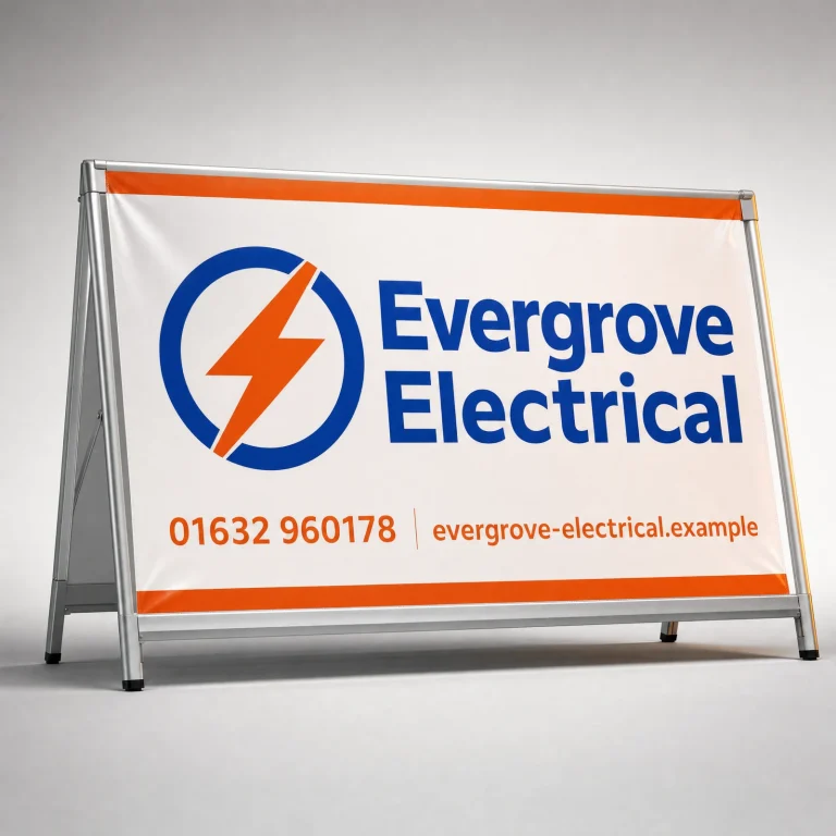 A Frame Banners with Evergrove Electrical example branding and custom contact details.