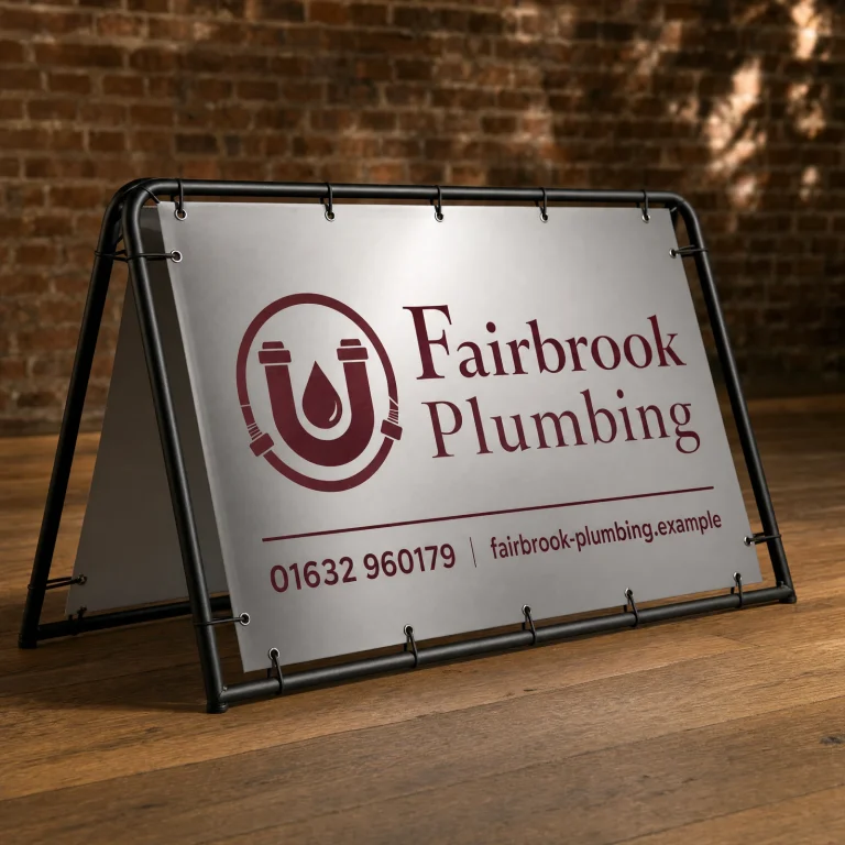 A Frame Banners with Fairbrook Plumbing example branding and custom contact details.