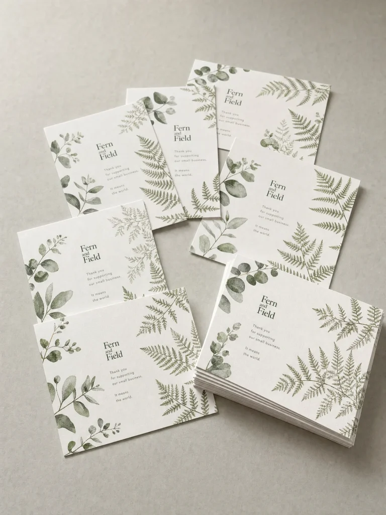 A6 postcards with green botanical Fern and Field thank-you artwork, displayed beside a small printed stack.