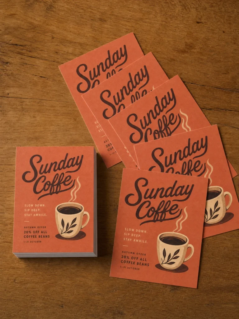 Custom A6 promotional postcards with coral Sunday Coffee branding and an illustrated coffee cup.