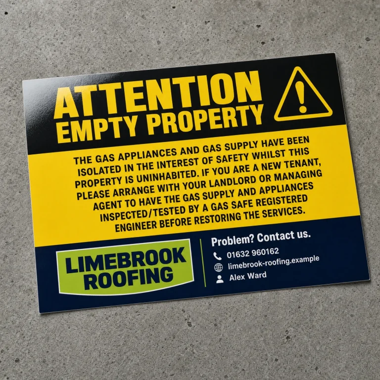 Attention Empty Property Stickers with Limebrook Roofing example branding and custom contact details.