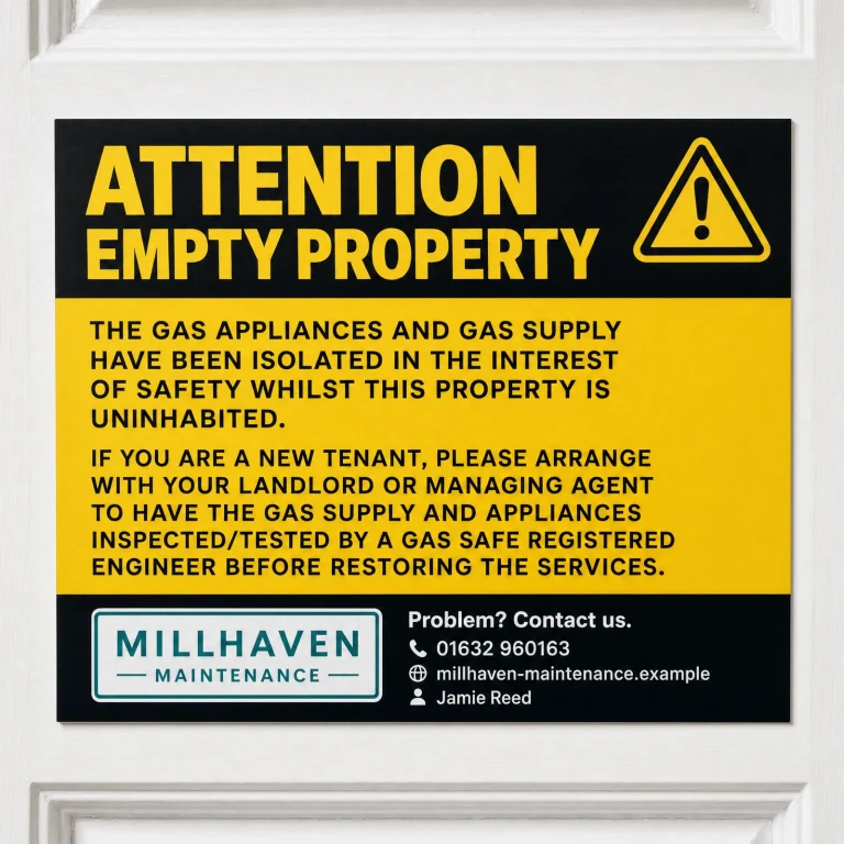 Attention Empty Property Stickers with Millhaven Maintenance example branding and custom contact details.
