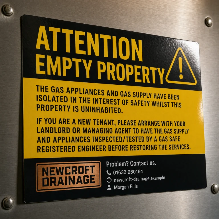 Attention Empty Property Stickers with Newcroft Drainage example branding and custom contact details.