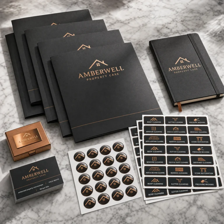 Big Branding Bundle with Amberwell Property Care example branding and custom contact details.