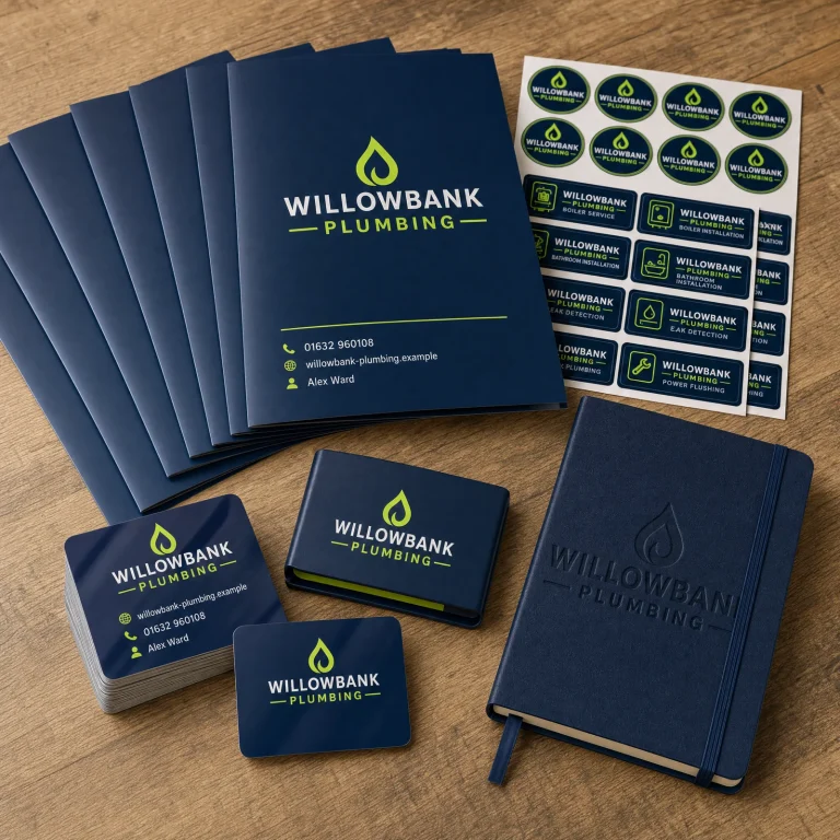 Big Branding Bundle with Willowbank Plumbing example branding and custom contact details.