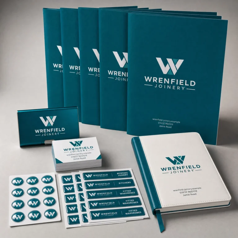 Big Branding Bundle with Wrenfield Joinery example branding and custom contact details.