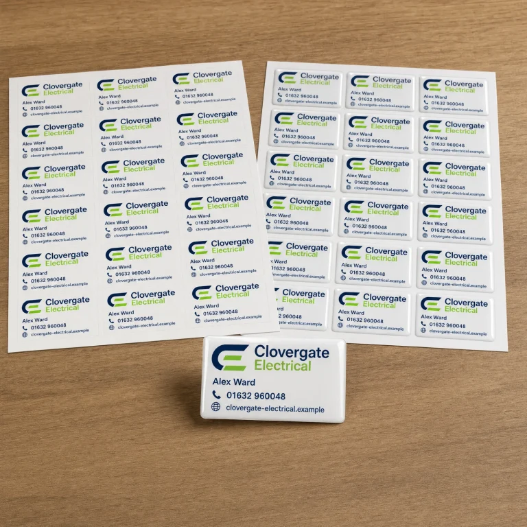 Boiler Sticker Pack with Clovergate Electrical example branding and custom contact details.
