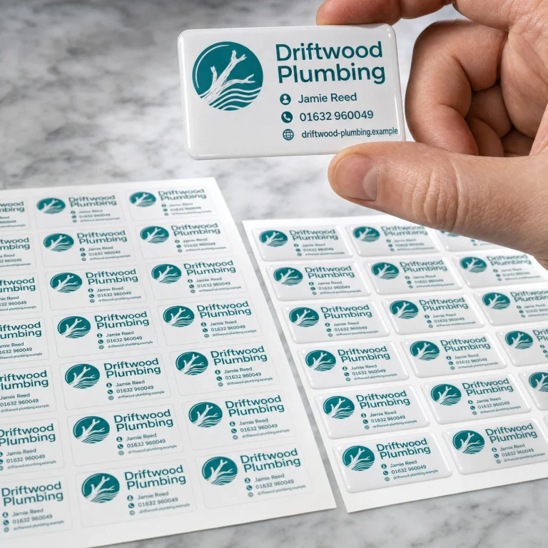 Boiler Sticker Pack with Driftwood Plumbing example branding and custom contact details.