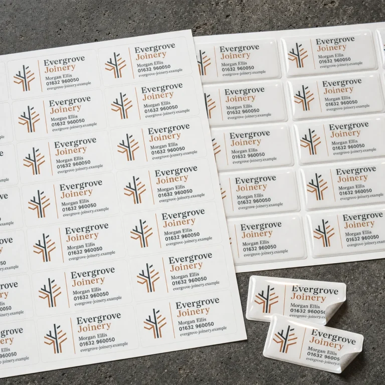 Boiler Sticker Pack with Evergrove Joinery example branding and custom contact details.