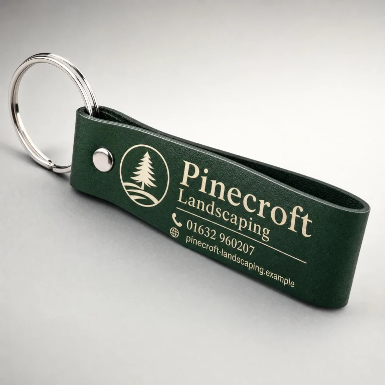 Branded Loop Fobs with Pinecroft Landscaping example branding and custom contact details.