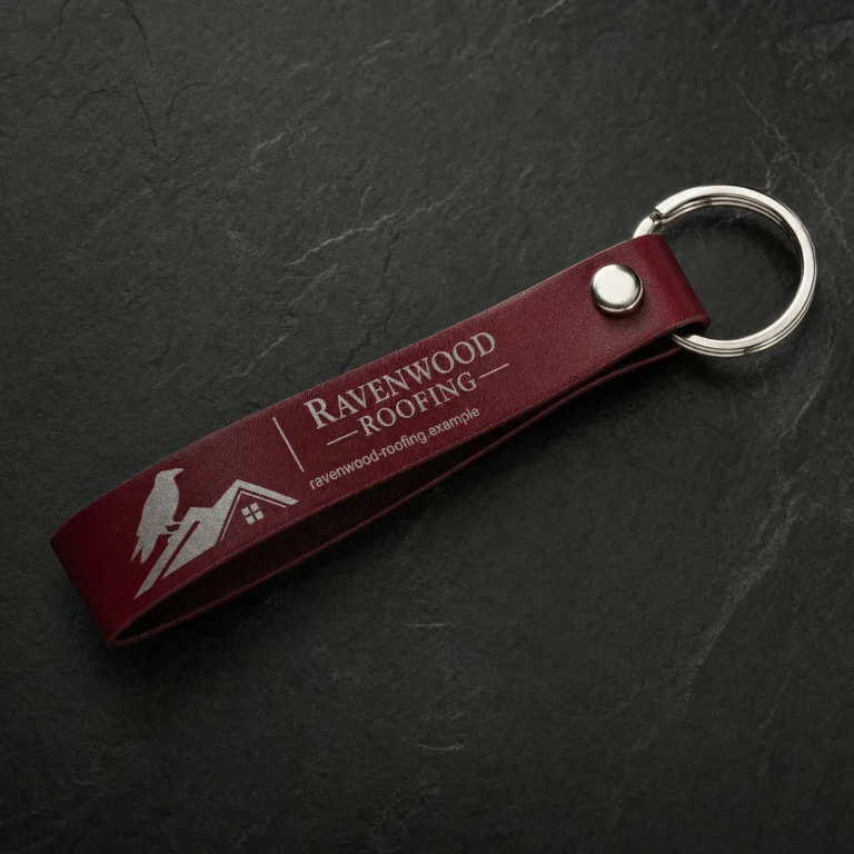 Branded Loop Fobs with Ravenwood Roofing example branding and custom contact details.
