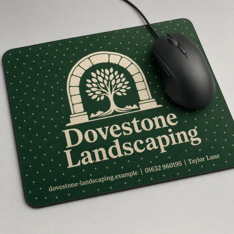 Branded Mouse Mats with Dovestone Landscaping example branding and custom contact details.