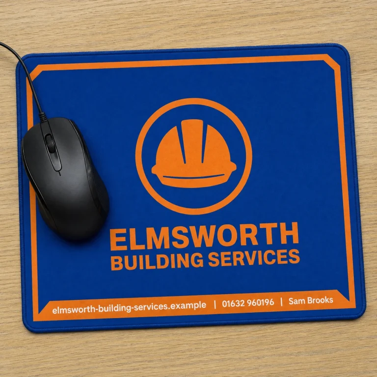 Branded Mouse Mats with Elmsworth Building Services example branding and custom contact details.