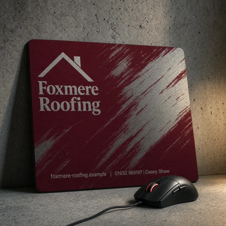 Branded Mouse Mats with Foxmere Roofing example branding and custom contact details.
