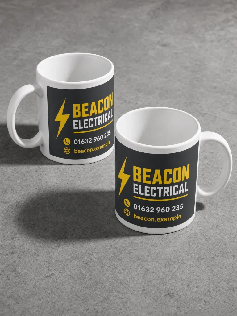 Beacon Electrical branded mugs showing logo and phone number, white handles and interiors, and unprinted gaps around the colour print.
