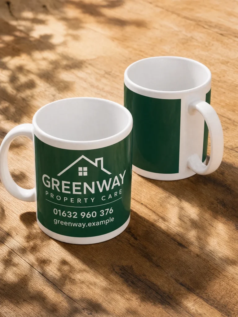 Greenway Property Care sublimation printed mugs with business branding, white interiors, white handles and visible print margins.
