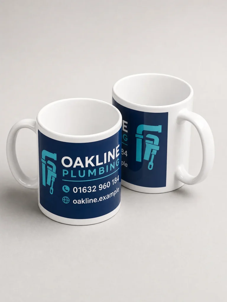 Oakline Plumbing branded mugs with logo and contact details, white interiors and handles, and white margins around the sublimation print.