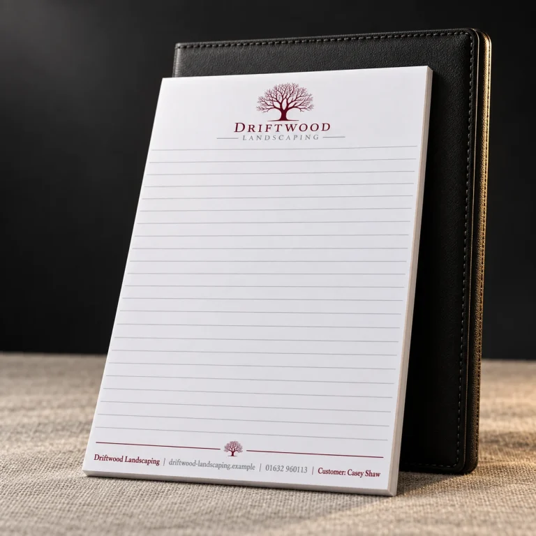 Branded Refill Pads with Driftwood Landscaping example branding and custom contact details.