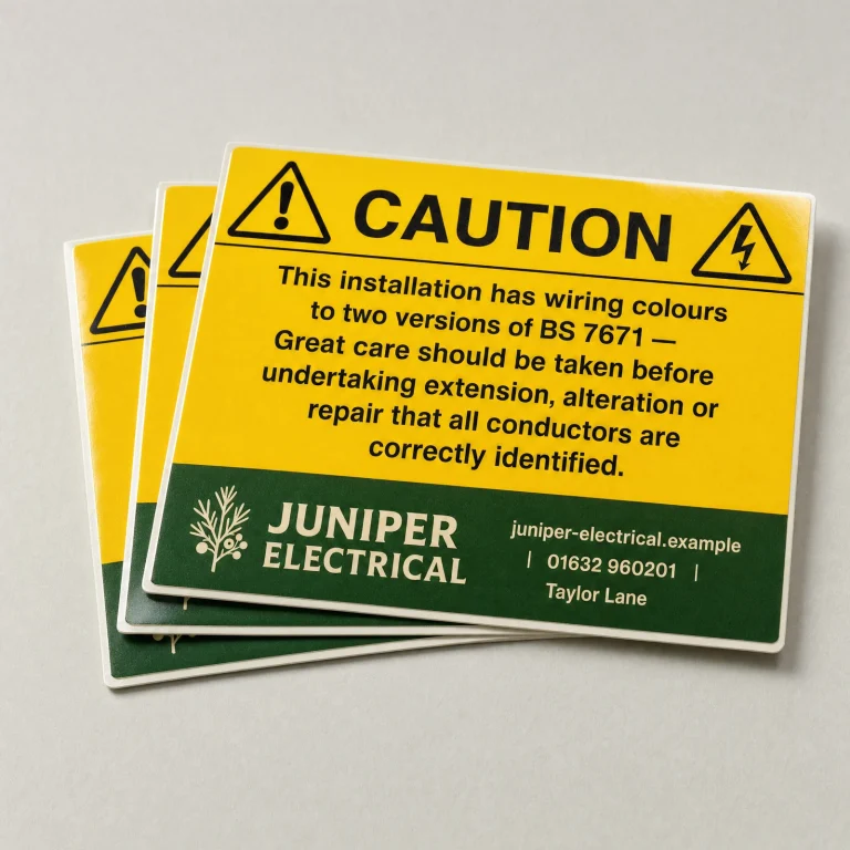 Branded Two-Wire Labels with Juniper Electrical example branding and custom contact details.
