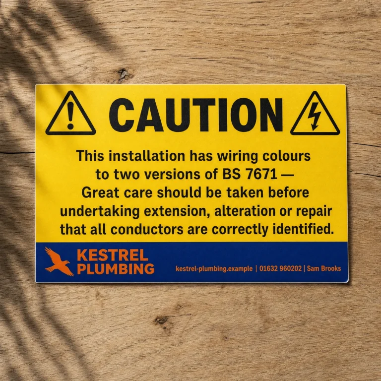 Branded Two-Wire Labels with Kestrel Plumbing example branding and custom contact details.