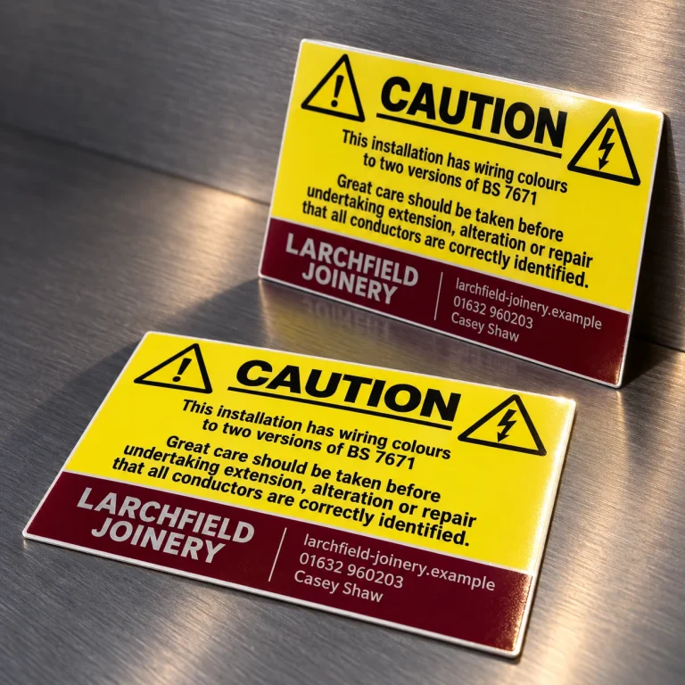 Branded Two-Wire Labels with Larchfield Joinery example branding and custom contact details.