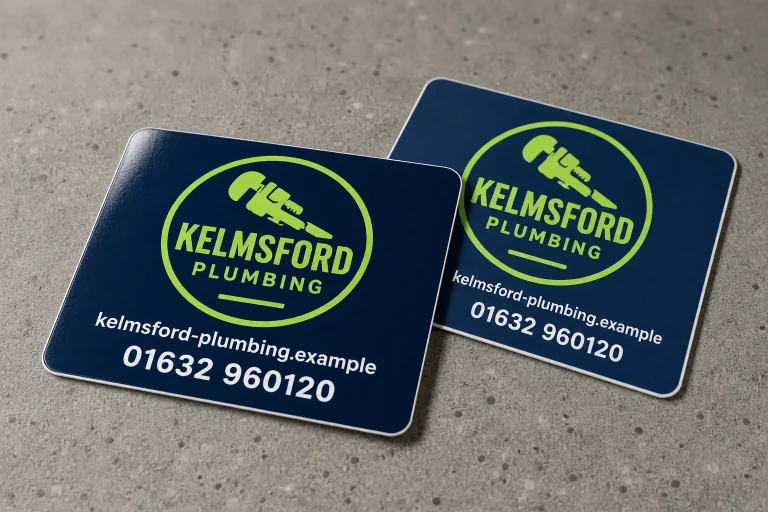 Custom Double Sided Stickers with Kelmsford Plumbing example branding and custom contact details.