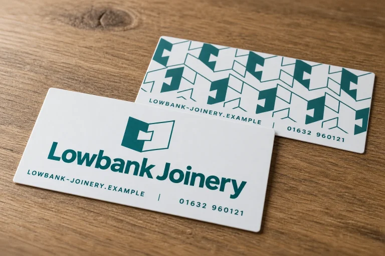 Custom Double Sided Stickers with Lowbank Joinery example branding and custom contact details.