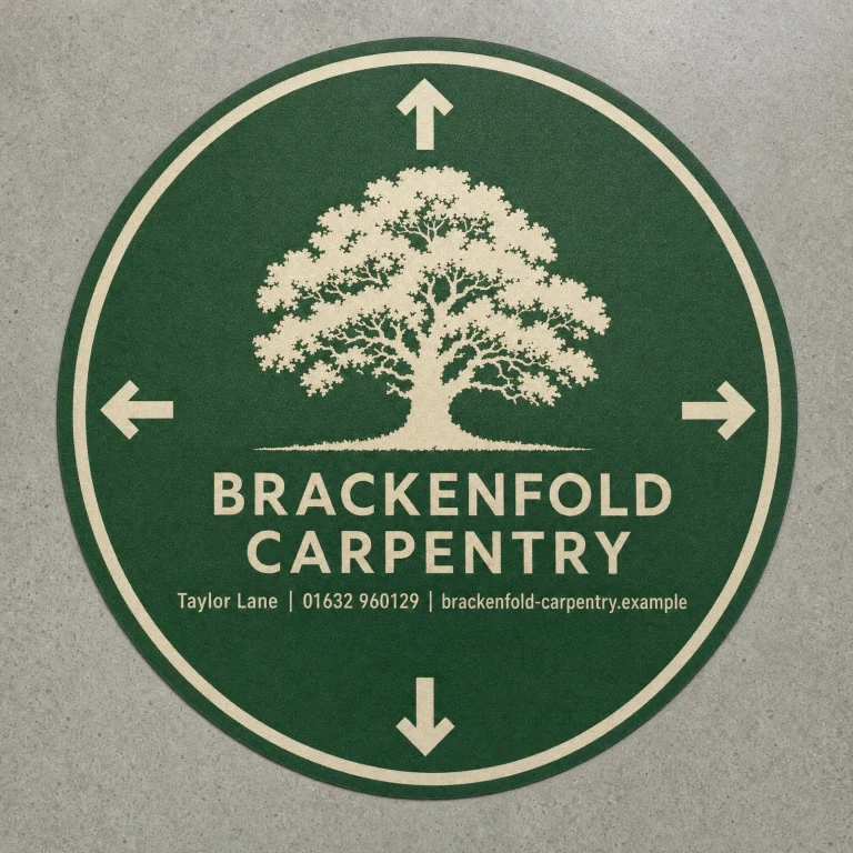 Custom Floor Stickers with Brackenfold Carpentry example branding and custom contact details.
