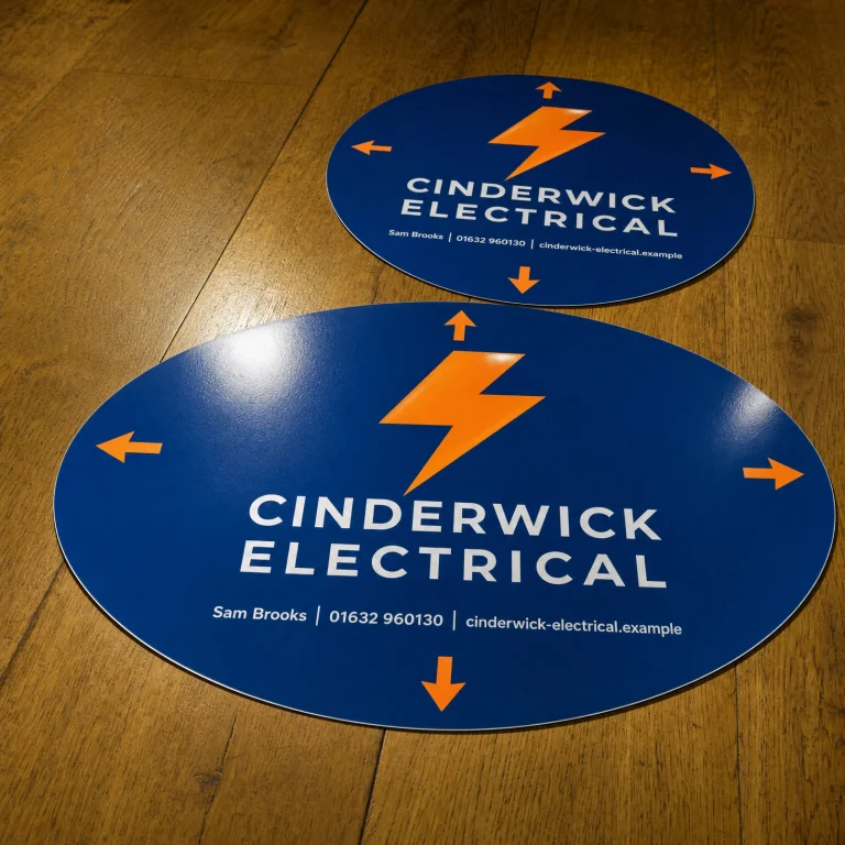 Custom Floor Stickers with Cinderwick Electrical example branding and custom contact details.