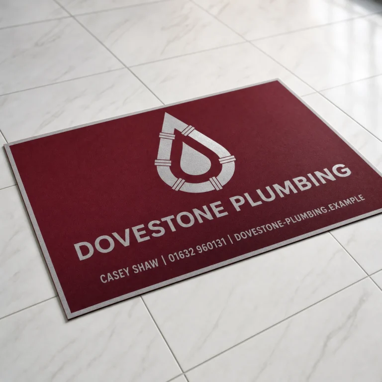 Custom Floor Stickers with Dovestone Plumbing example branding and custom contact details.
