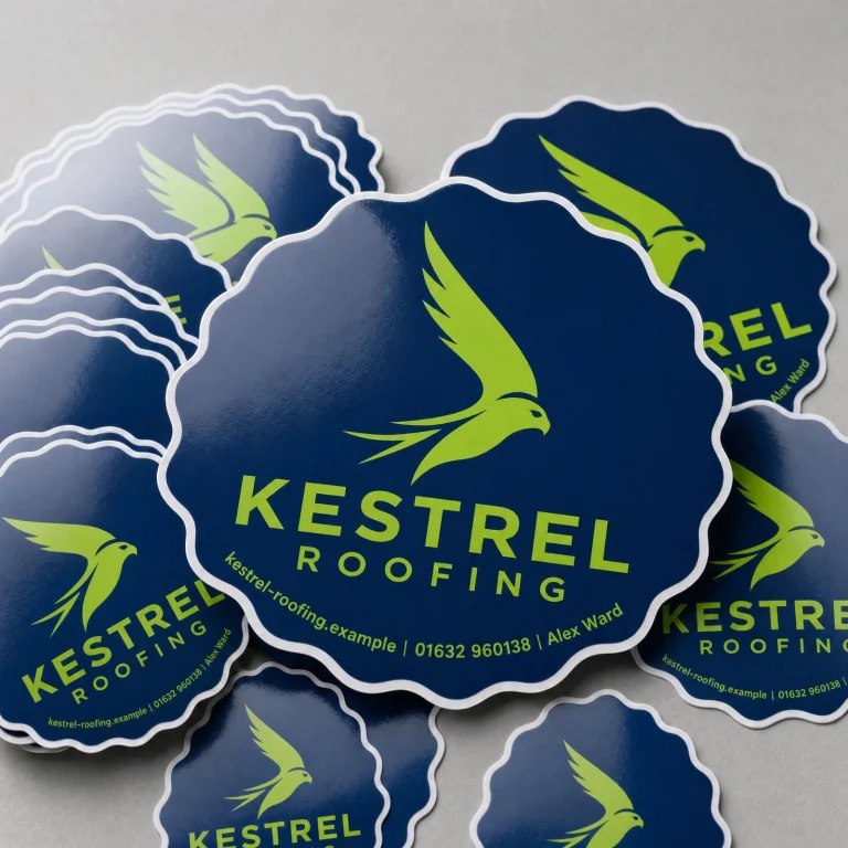 Custom Kiss Cut Stickers with Kestrel Roofing example branding and custom contact details.