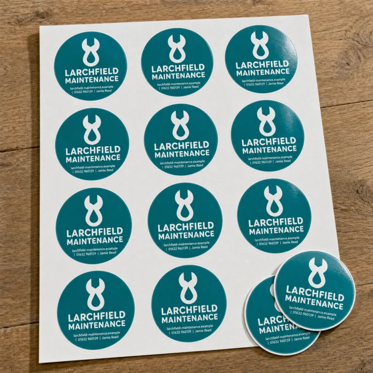 Custom Kiss Cut Stickers with Larchfield Maintenance example branding and custom contact details.